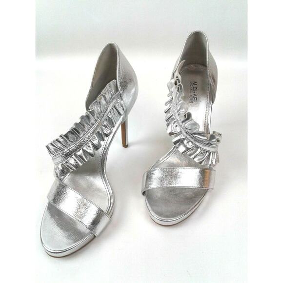 Michael Kors Womens Silver 4.5" Heels/Sandals W/Wide Ruffle Ankle Strap Sz 7.5M - Picture 2 of 8